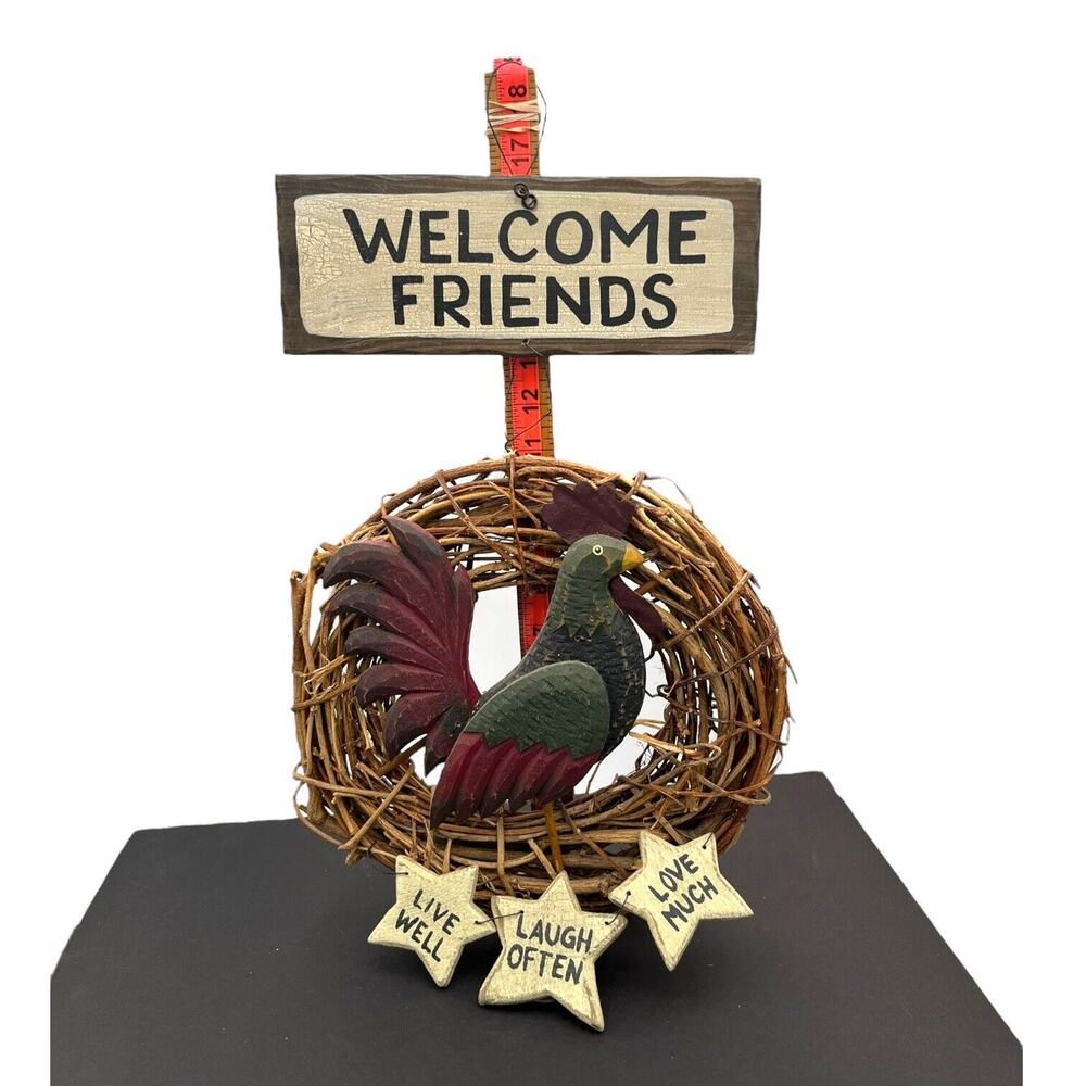 Vtg Rooster Wooden Hanging Welcome Friends Sign Country Rustic Farm Decor ~18x12